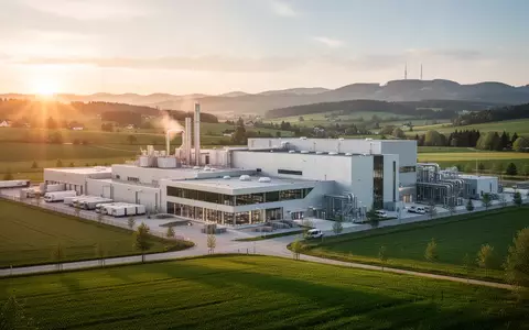 Moderne Industriefabrik in einer bayerischen Landschaft bei Sonnenuntergang. - Foto: über boerse-global.de