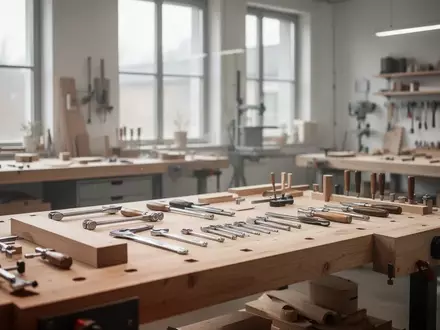 Ein aufgeräumter Arbeitsplatz in einer modernen Handwerkswerkstatt mit hochwertigem Werkzeug bei natürlichem Tageslicht. - Foto: über boerse-global.de