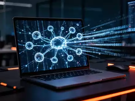 Moderner Laptop-Bildschirm mit abstrakten, leuchtenden neuronalen Netzwerkdaten und Binärcode in dunklem Büro. - Foto: über boerse-global.de