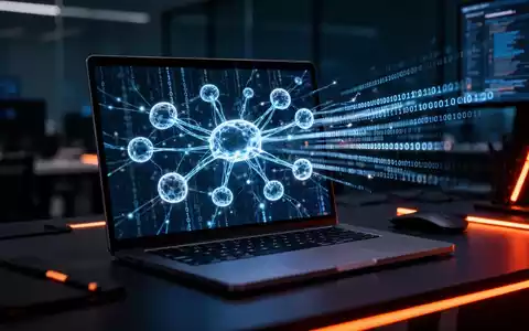 Moderner Laptop-Bildschirm mit abstrakten, leuchtenden neuronalen Netzwerkdaten und Binärcode in dunklem Büro. - Foto: über boerse-global.de