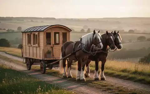 Eine kleine Wohnkutsche, die von zwei Kaltblütern auf einem ländlichen Weg bei Sonnenuntergang gezogen wird. - Foto: über boerse-global.de
