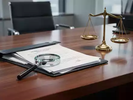 Ein Schreibtisch mit einer Waage der Gerechtigkeit und juristischen Dokumenten in einem modernen Büro. - Foto: über boerse-global.de