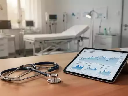 Stethoskop und digitales Tablet mit Finanzgrafiken auf einem Schreibtisch in einer modernen Arztpraxis. - Foto: über boerse-global.de