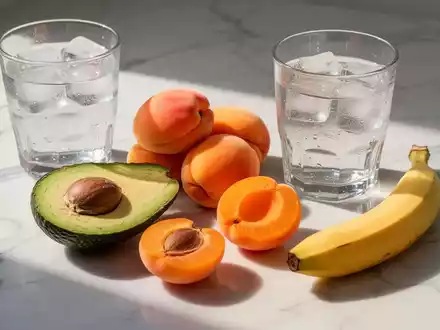 Frische Lebensmittel wie Avocado, Aprikosen und eine Banane neben einem Glas Wasser auf einer hellen Oberfläche. - Foto: über boerse-global.de