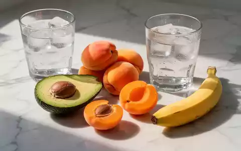 Frische Lebensmittel wie Avocado, Aprikosen und eine Banane neben einem Glas Wasser auf einer hellen Oberfläche. - Foto: über boerse-global.de