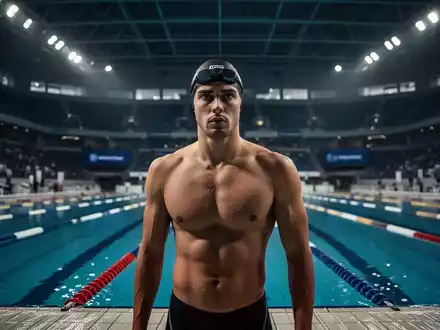 Ein konzentrierter Schwimmer am Beckenrand eines modernen Wettkampfbeckens bei gedimmter, kinoreifer Beleuchtung. - Foto: über boerse-global.de