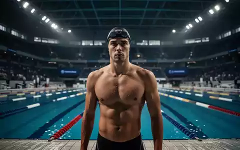 Ein konzentrierter Schwimmer am Beckenrand eines modernen Wettkampfbeckens bei gedimmter, kinoreifer Beleuchtung. - Foto: über boerse-global.de