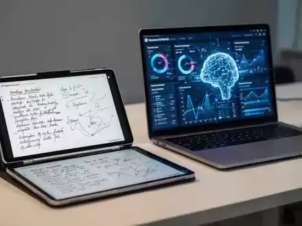 Ein Tablet mit digitalen handschriftlichen Notizen neben einem Laptop mit einem dynamischen Datenvisualisierungs-Dashboard. - Foto: über boerse-global.de