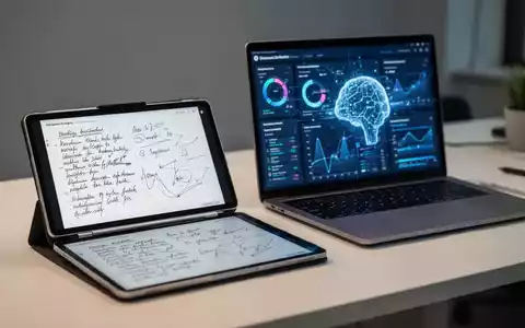 Ein Tablet mit digitalen handschriftlichen Notizen neben einem Laptop mit einem dynamischen Datenvisualisierungs-Dashboard. - Foto: über boerse-global.de