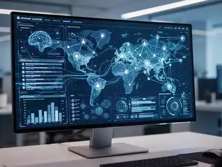 Ein moderner Monitor zeigt komplexe Datenströme und Nachrichtennetzwerke in einer professionellen Arbeitsumgebung. - Foto: über boerse-global.de