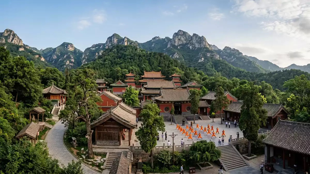 Editorial-Reisemagazinbild vom Wahrzeichen Shaolin-Kloster in Dengfeng, China