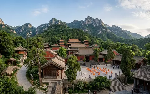 Editorialbild im Reisemagazin-Stil vom Wahrzeichen Shaolin-Kloster in Dengfeng China, ausgewogene Bildgestaltung und natuerliches Umgebungslicht - Foto: THN