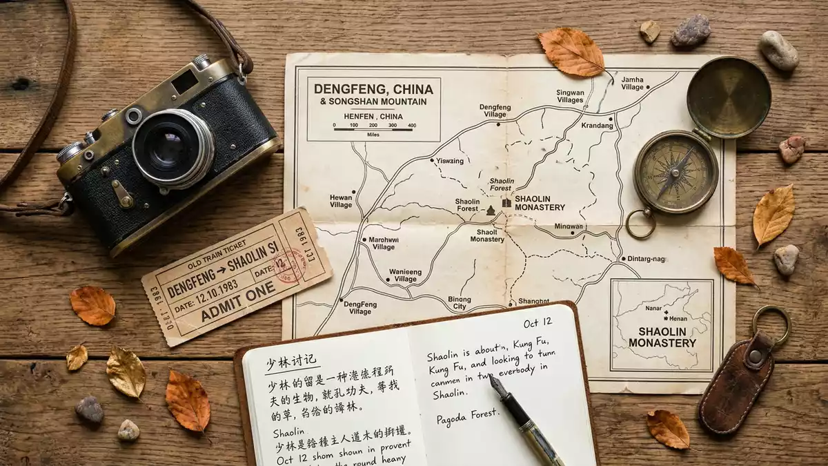 Flatlay-Reise-Arrangement rund um Shaolin-Kloster in Dengfeng, China