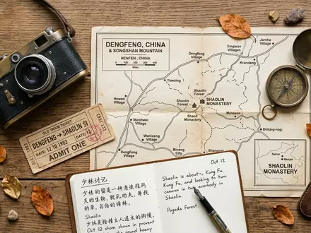 Flatlay-Reise-Arrangement rund um Shaolin-Kloster in Dengfeng China, Karte Kompass Kamera und generische Reiserequisiten - Foto: THN