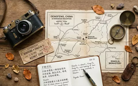 Flatlay-Reise-Arrangement rund um Shaolin-Kloster in Dengfeng China, Karte Kompass Kamera und generische Reiserequisiten - Foto: THN
