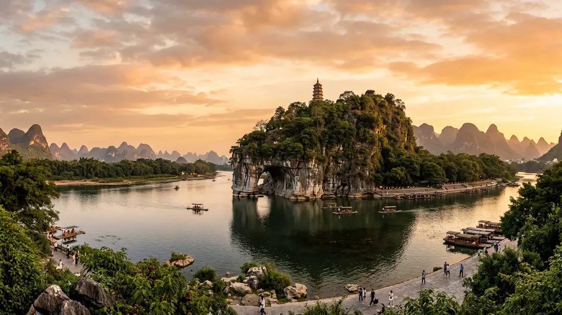 Fotorealistische Ansicht von Elefantenrusselberg Guilin in Guilin, China im Abendlicht