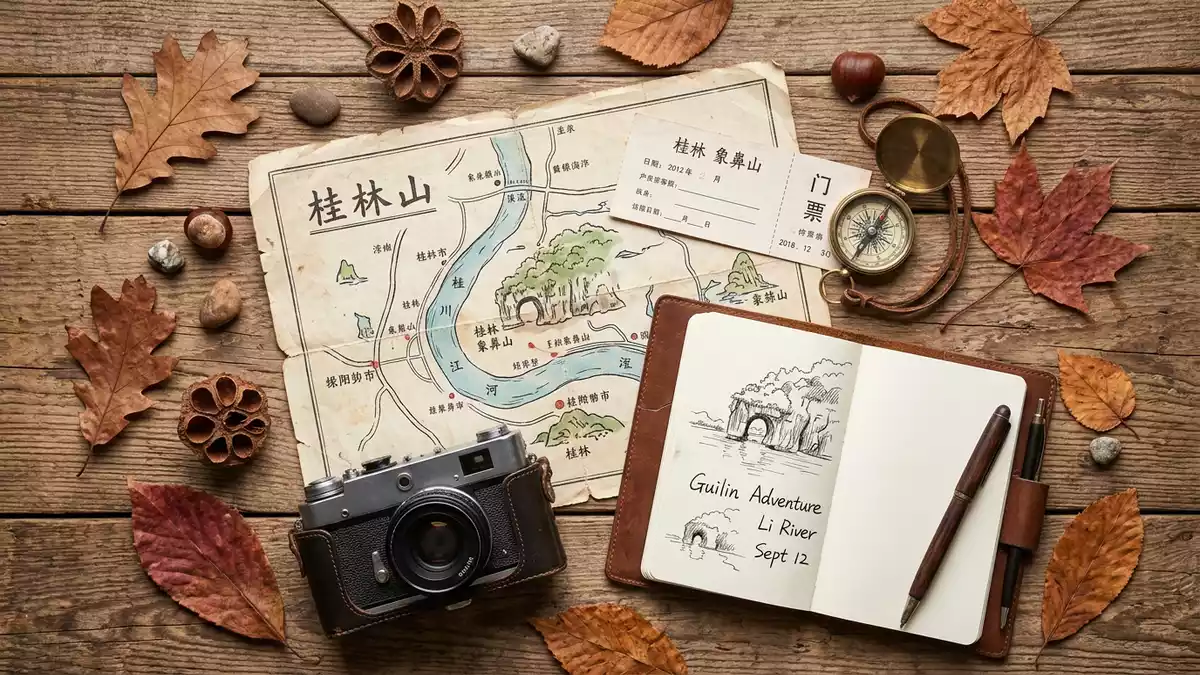 Flatlay-Reise-Arrangement rund um Elefantenrusselberg Guilin in Guilin, China