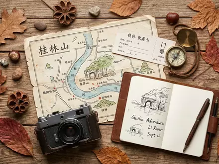 Flatlay-Reise-Arrangement rund um Elefantenrusselberg Guilin in Guilin China, Karte Kompass Kamera und generische Reiserequisiten - Foto: THN