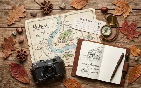 Flatlay-Reise-Arrangement rund um Elefantenrusselberg Guilin in Guilin China, Karte Kompass Kamera und generische Reiserequisiten - Foto: THN