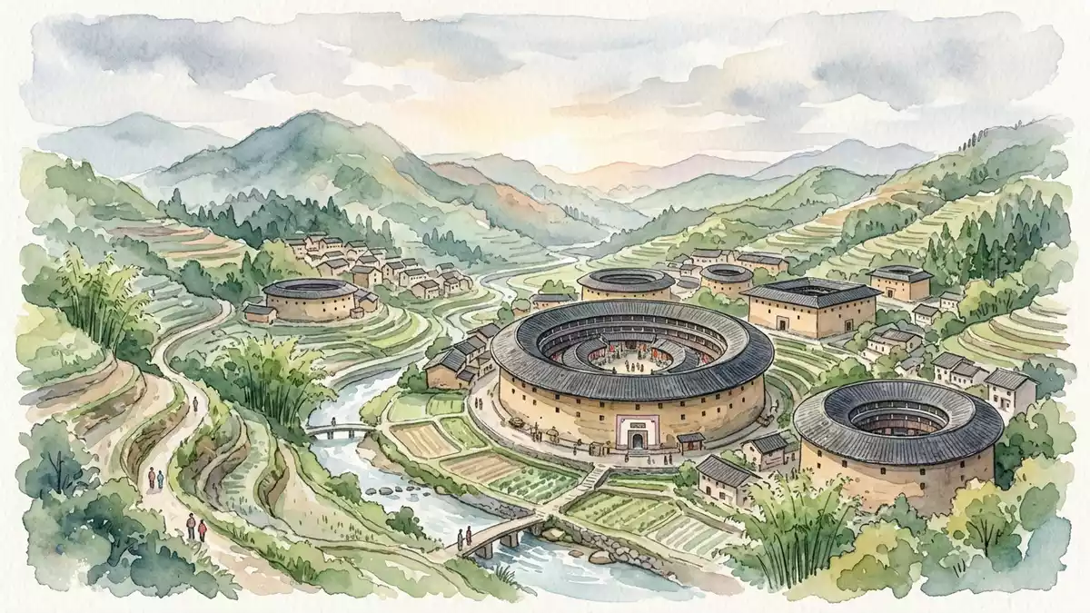 Aquarell-Illustration von Tulou von Fujian in Yongding, China als Reiseposter