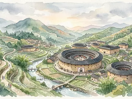 Aquarellillustration des Wahrzeichens Tulou von Fujian in Yongding China, weiche Farbverläufe und pastelliges Reiseposter-Feeling - Foto: THN