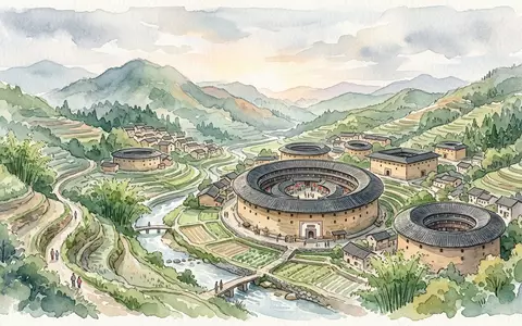 Aquarellillustration des Wahrzeichens Tulou von Fujian in Yongding China, weiche Farbverläufe und pastelliges Reiseposter-Feeling - Foto: THN