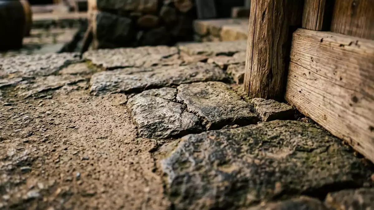 Makroaufnahme eines Materialdetails am Wahrzeichen Tulou von Fujian, Yongding China