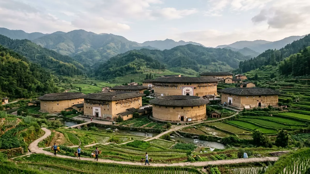 Editorial-Reisemagazinbild vom Wahrzeichen Tulou von Fujian in Yongding, China