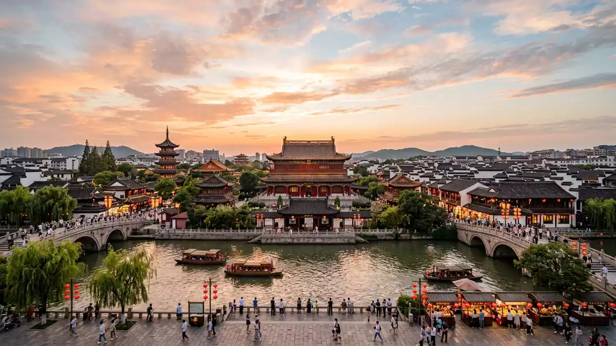 Fotorealistische Ansicht von Konfuzius-Tempel Nanjing in Nanjing, China im Abendlicht