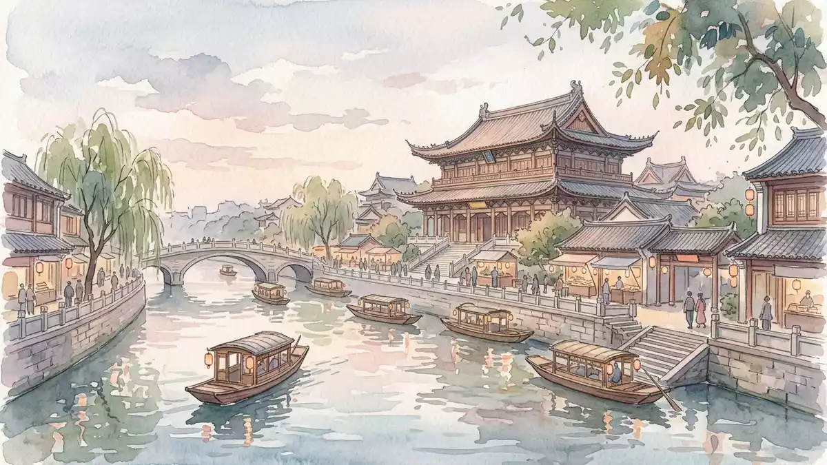 Aquarell-Illustration von Konfuzius-Tempel Nanjing in Nanjing, China als Reiseposter