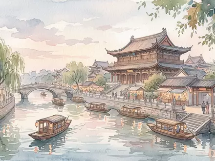 Aquarellillustration des Wahrzeichens Konfuzius-Tempel Nanjing in Nanjing China, weiche Farbverläufe und pastelliges Reiseposter-Feeling - Foto: THN