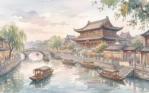 Aquarellillustration des Wahrzeichens Konfuzius-Tempel Nanjing in Nanjing China, weiche Farbverläufe und pastelliges Reiseposter-Feeling - Foto: THN