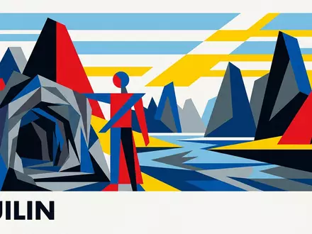 Bauhaus-Poster als geometrische Abstraktion von Reed-Flute-Cave in Guilin China, kraeftige Grundfarben und harte Formkanten - Foto: THN