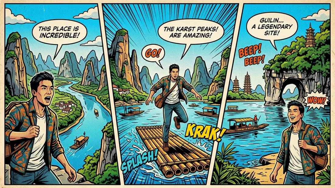 Pop-Art-Comic von Reed-Flute-Cave in Guilin, China mit Rasterpunkten