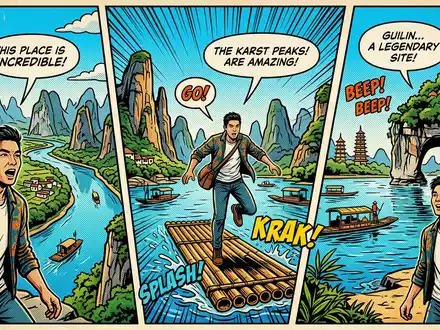 Pop-Art-Comicillustration des Wahrzeichens Reed-Flute-Cave in Guilin China, kraeftige Konturen Rasterpunkte und satte Farben - Foto: THN