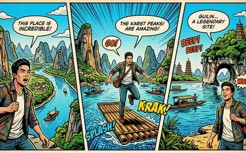 Pop-Art-Comicillustration des Wahrzeichens Reed-Flute-Cave in Guilin China, kraeftige Konturen Rasterpunkte und satte Farben - Foto: THN