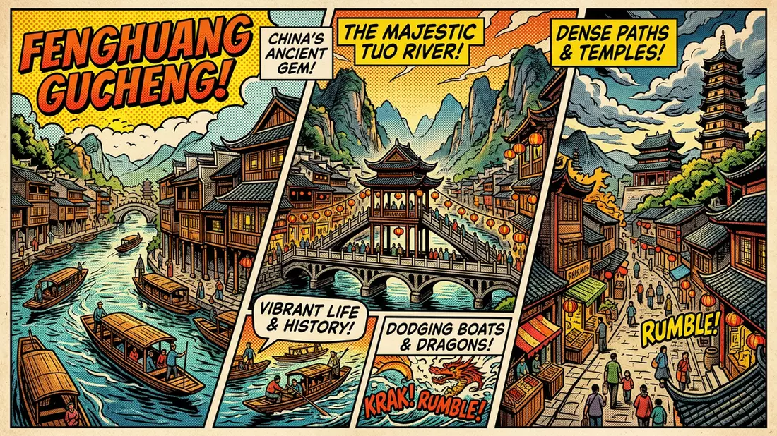 Pop-Art-Comic von Altstadt Fenghuang in Fenghuang, China mit Rasterpunkten