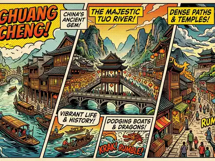 Pop-Art-Comicillustration des Wahrzeichens Altstadt Fenghuang in Fenghuang China, kraeftige Konturen Rasterpunkte und satte Farben - Foto: THN