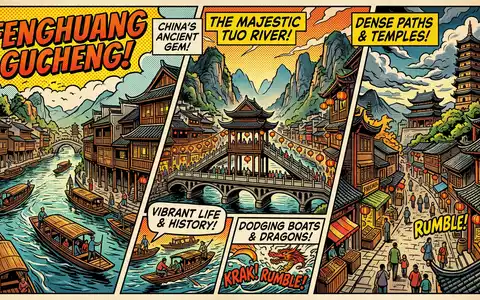 Pop-Art-Comicillustration des Wahrzeichens Altstadt Fenghuang in Fenghuang China, kraeftige Konturen Rasterpunkte und satte Farben - Foto: THN