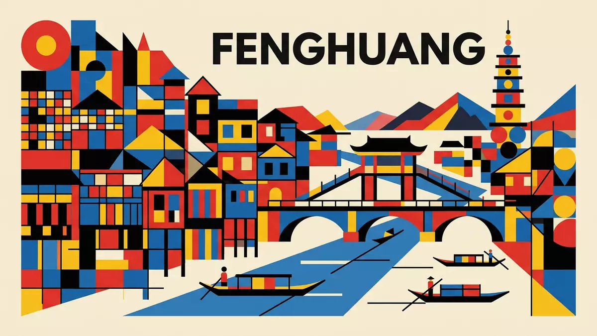 Bauhaus-Poster als Abstraktion von Altstadt Fenghuang in Fenghuang, China