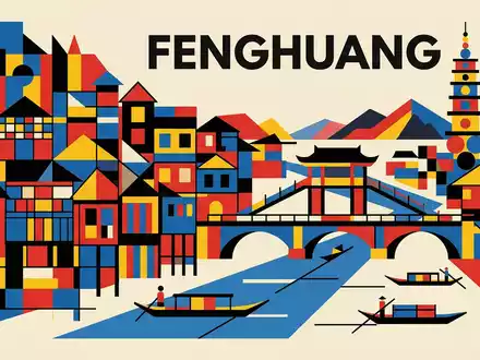 Bauhaus-Poster als geometrische Abstraktion von Altstadt Fenghuang in Fenghuang China, kraeftige Grundfarben und harte Formkanten - Foto: THN