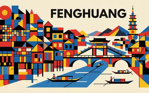 Bauhaus-Poster als geometrische Abstraktion von Altstadt Fenghuang in Fenghuang China, kraeftige Grundfarben und harte Formkanten - Foto: THN