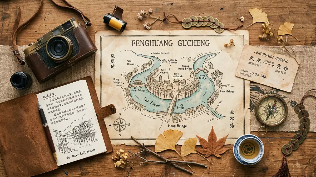 Flatlay-Reise-Arrangement rund um Altstadt Fenghuang in Fenghuang, China