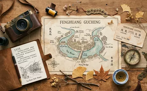 Flatlay-Reise-Arrangement rund um Altstadt Fenghuang in Fenghuang China, Karte Kompass Kamera und generische Reiserequisiten - Foto: THN