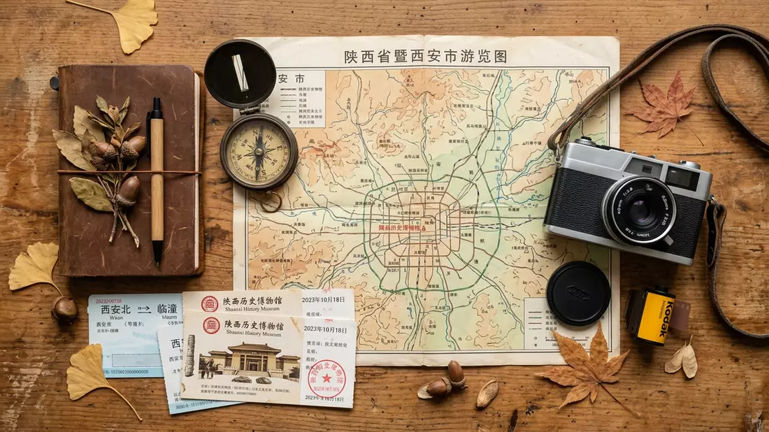 Flatlay-Reise-Arrangement rund um Geschichtsmuseum Shaanxi in Xi'an, China