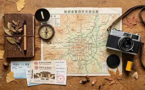 Flatlay-Reise-Arrangement rund um Geschichtsmuseum Shaanxi in Xi'an China, Karte Kompass Kamera und generische Reiserequisiten - Foto: THN