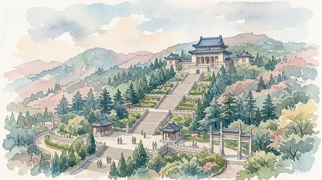 Aquarell-Illustration von Sun-Yat-sen-Mausoleum in Nanjing, China als Reiseposter