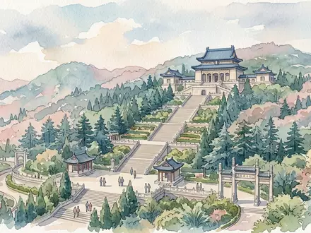 Aquarellillustration des Wahrzeichens Sun-Yat-sen-Mausoleum in Nanjing China, weiche Farbverläufe und pastelliges Reiseposter-Feeling - Foto: THN