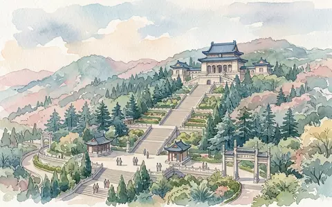 Aquarellillustration des Wahrzeichens Sun-Yat-sen-Mausoleum in Nanjing China, weiche Farbverläufe und pastelliges Reiseposter-Feeling - Foto: THN