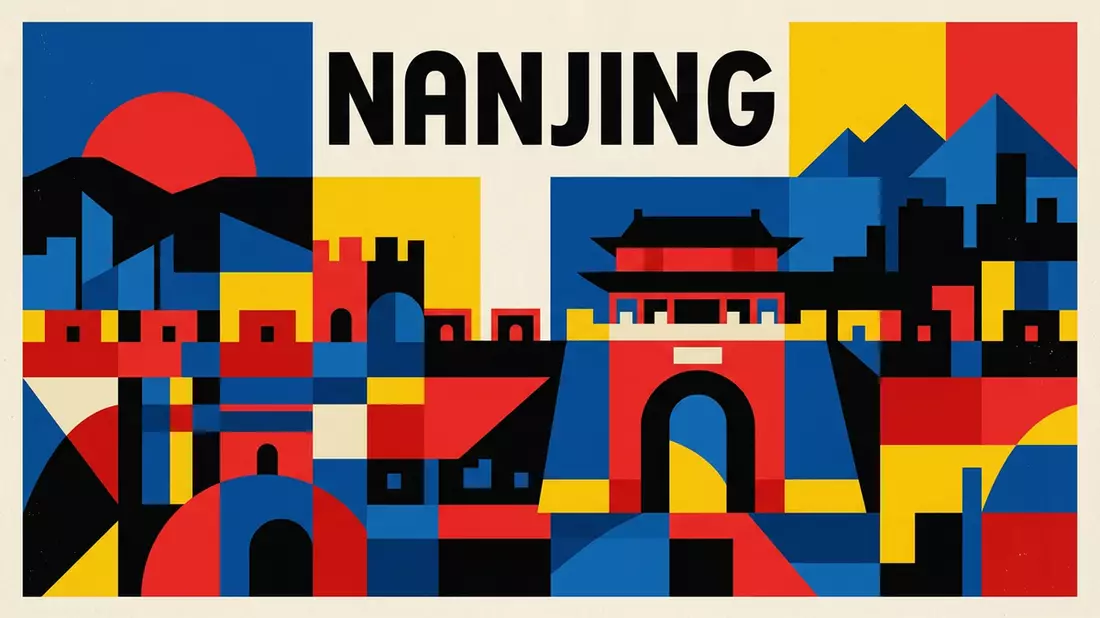 Bauhaus-Poster als Abstraktion von Stadtmauer von Nanjing in Nanjing, China
